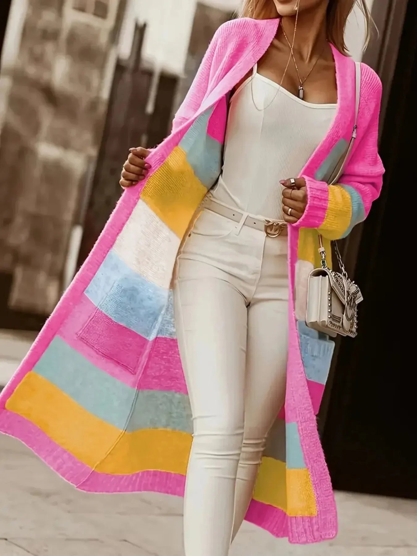Color Block Open Front Cardigan - Piña Colada