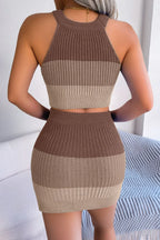 Color Block Sleeveless Crop Knit Top and Skirt Set - Piña Colada