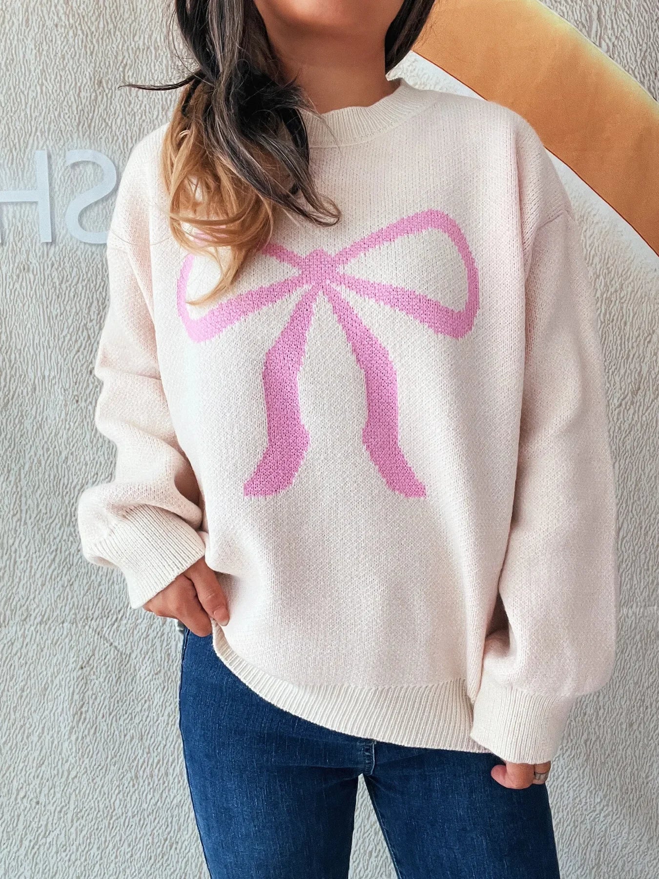 Bow Pattern Casual Long Sleeve Sweater - Piña Colada