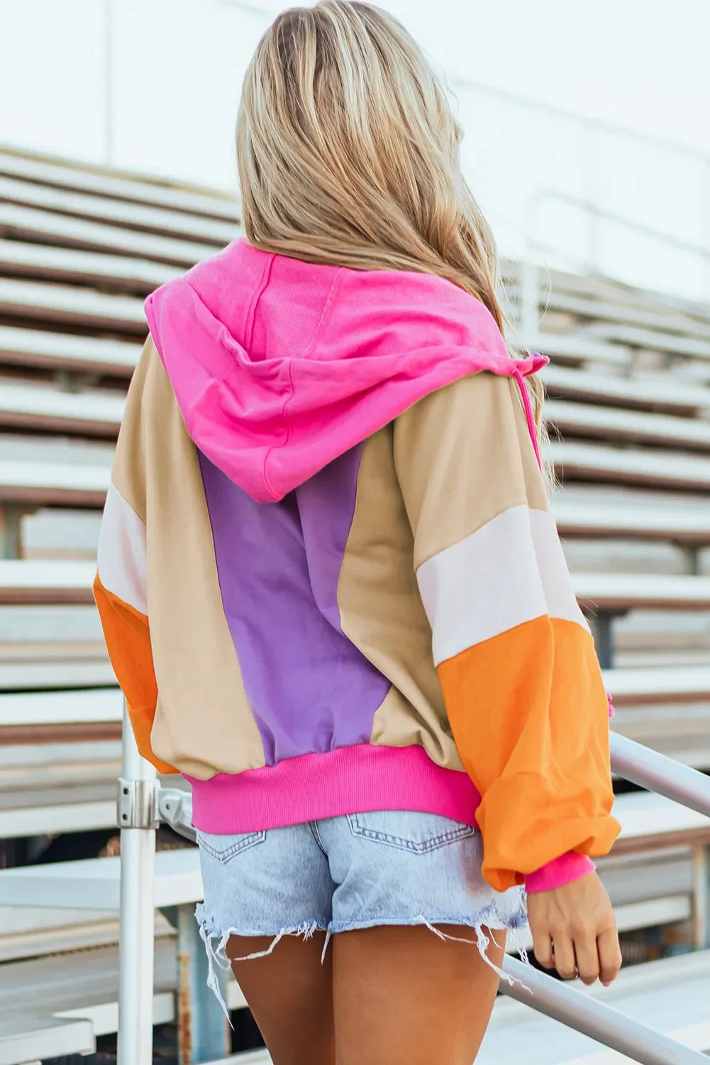 Drawstring Color Block Zip Up Long Sleeve Hoodie - Piña Colada