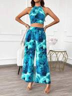 Devine Printed Halter Neck Top and Pants Set - Piña Colada