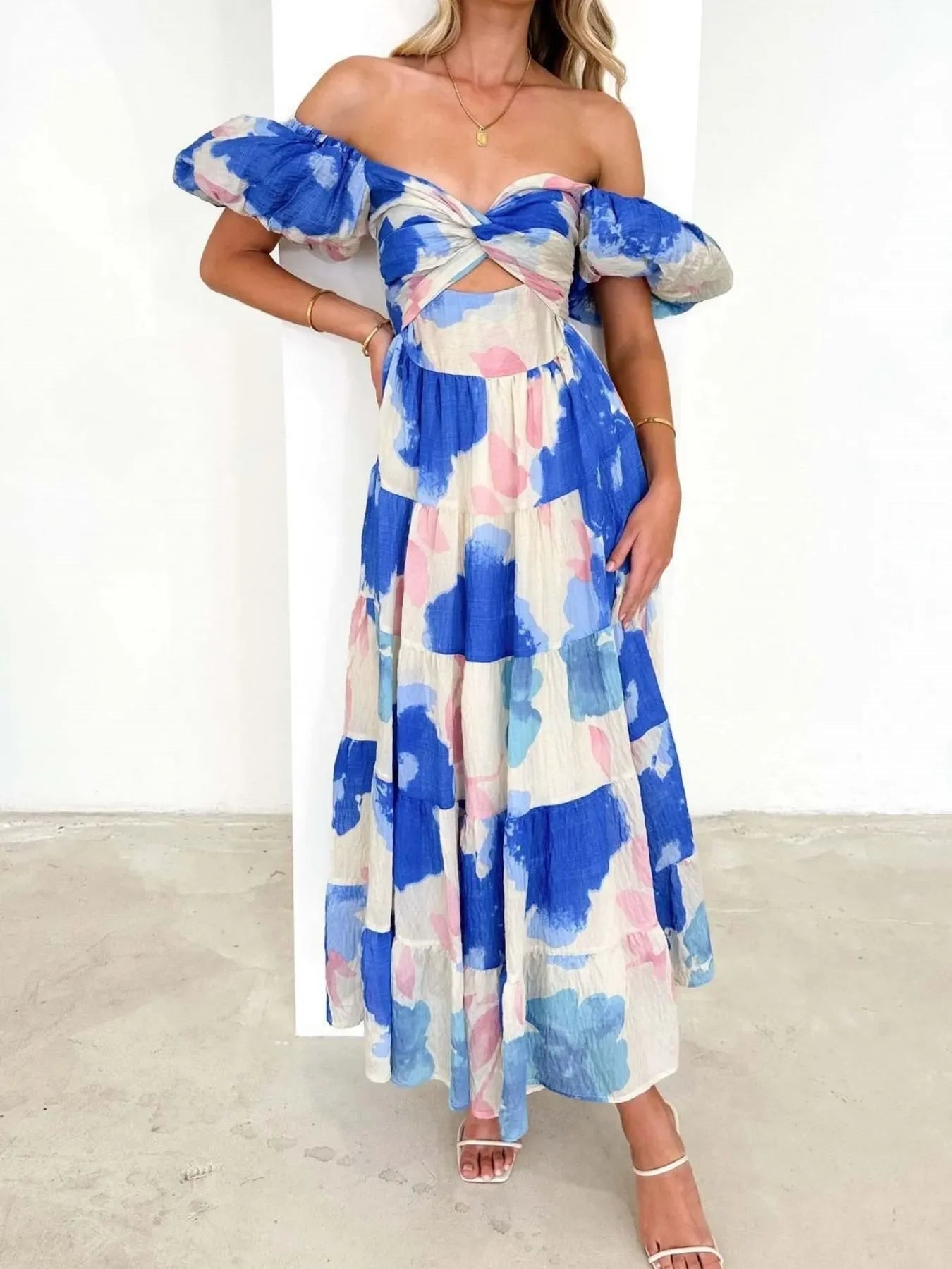 Off-Shoulder Floral Tiered Dress with Ruffle Details - Piña Colada