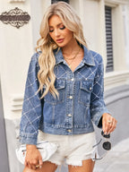 Pearl Trim Long Sleeve Denim Jacket - Piña Colada