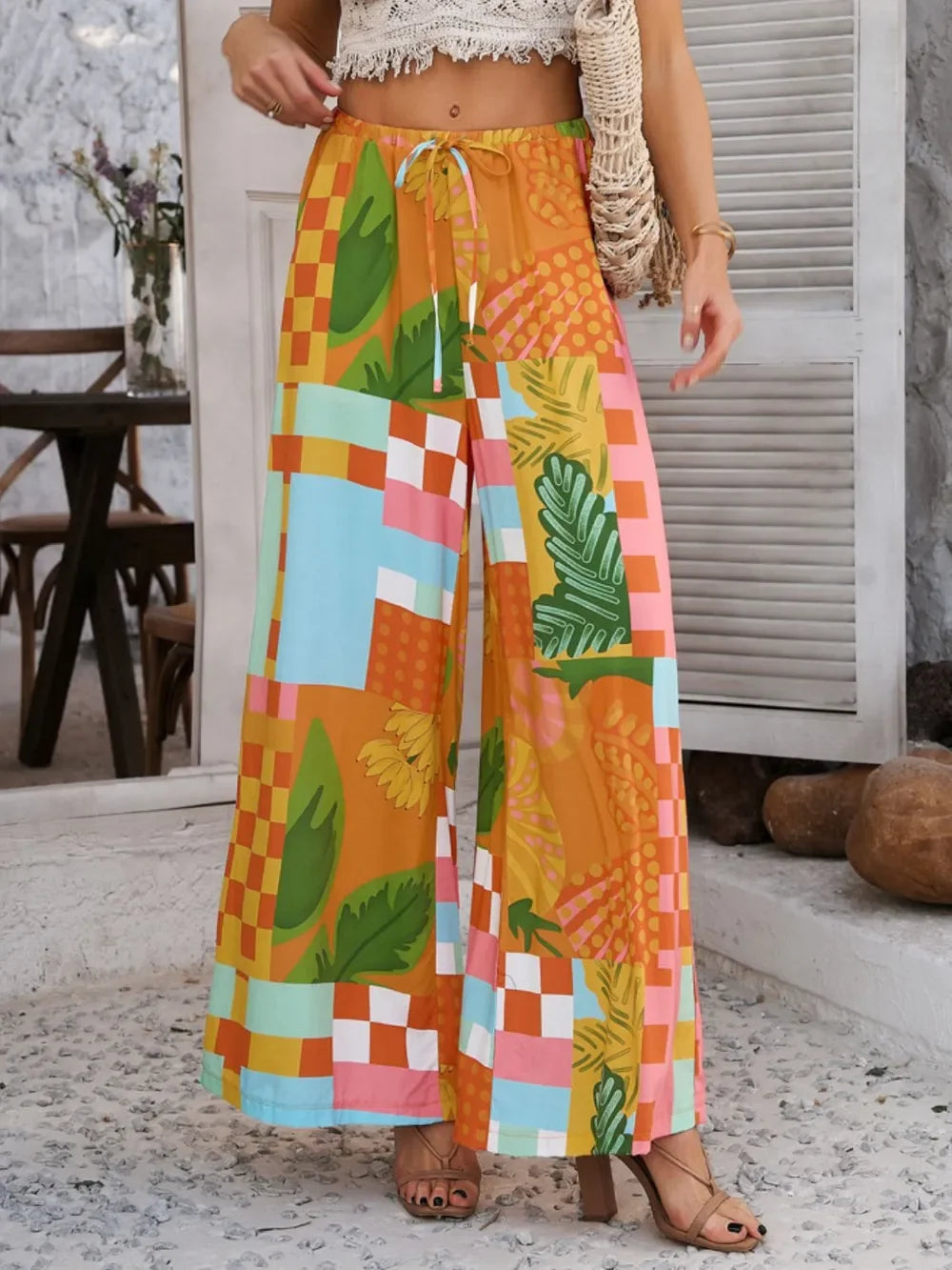 Devine Drawstring Printed Wide Leg Pants - Piña Colada