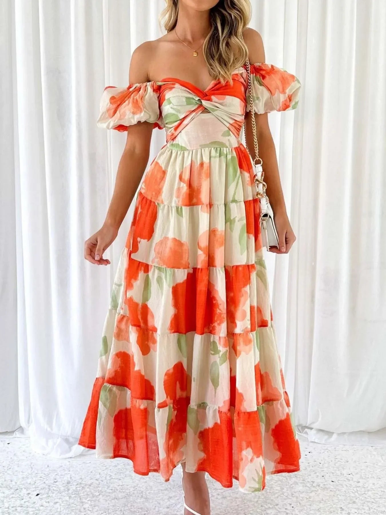 Off-Shoulder Floral Tiered Dress with Ruffle Details - Piña Colada