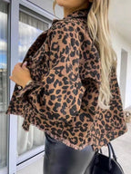 Raw Hem Leopard Collared Neck Denim Jacket - Piña Colada