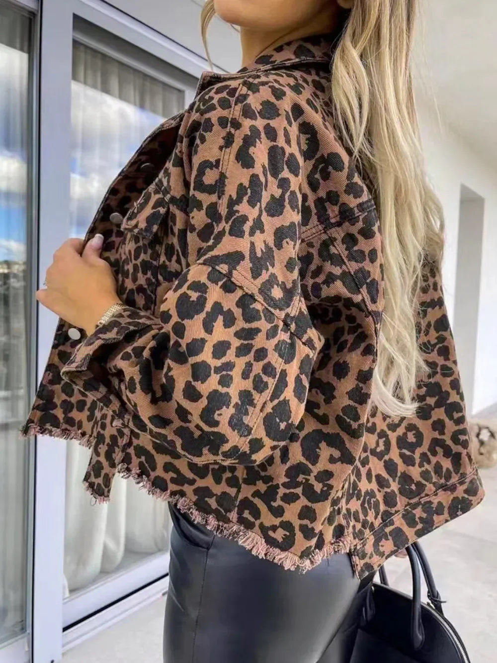Raw Hem Leopard Collared Neck Denim Jacket - Piña Colada