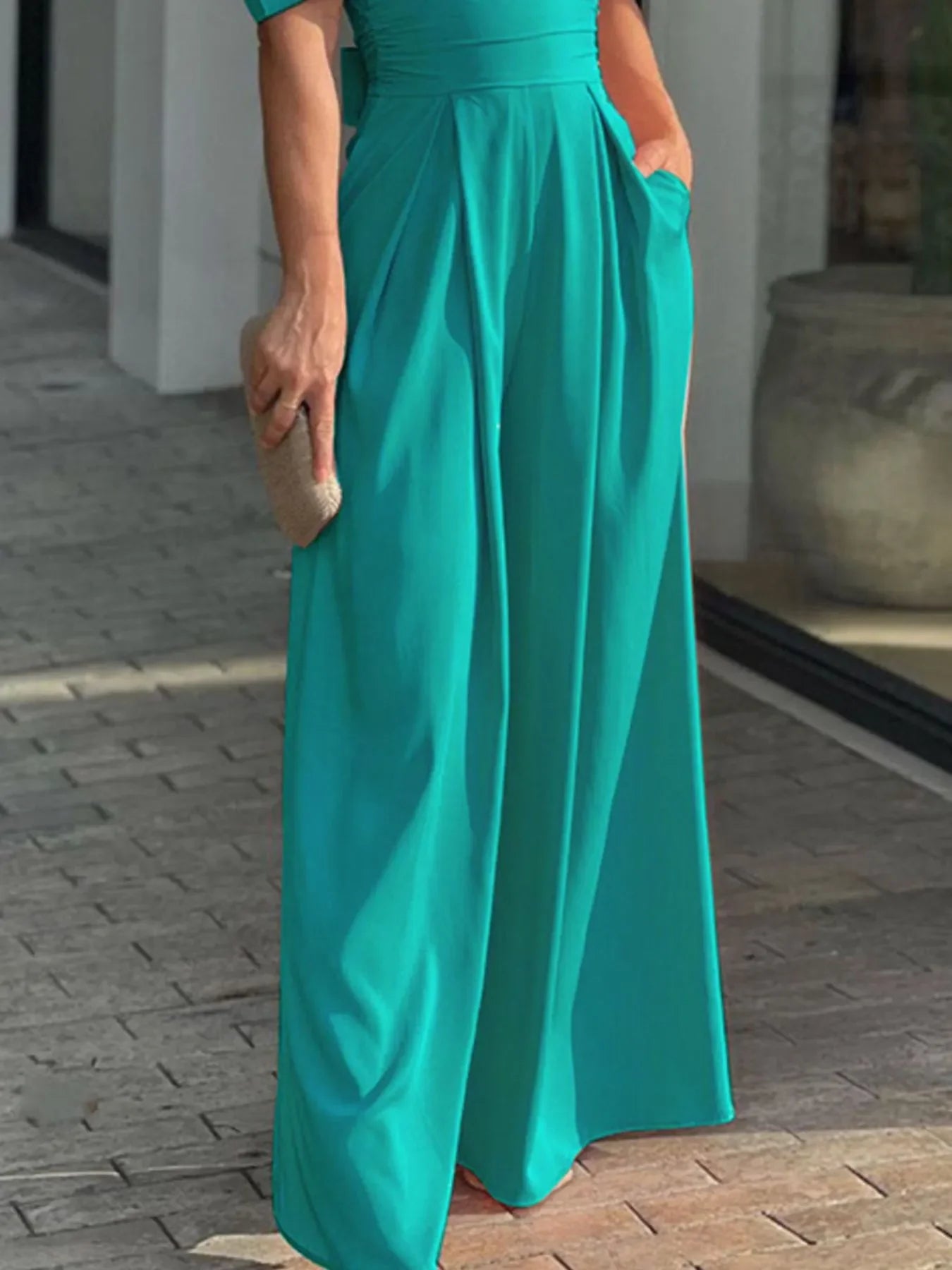 Full Size Cutout V-Neck Puff Sleeve Jumpsuit Plus Size - Piña Colada