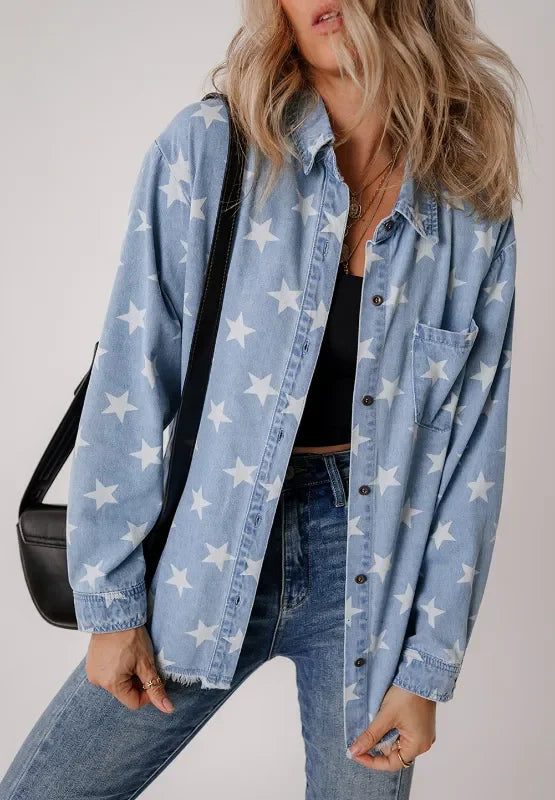 Star Collared Neck Denim Jacket - Piña Colada