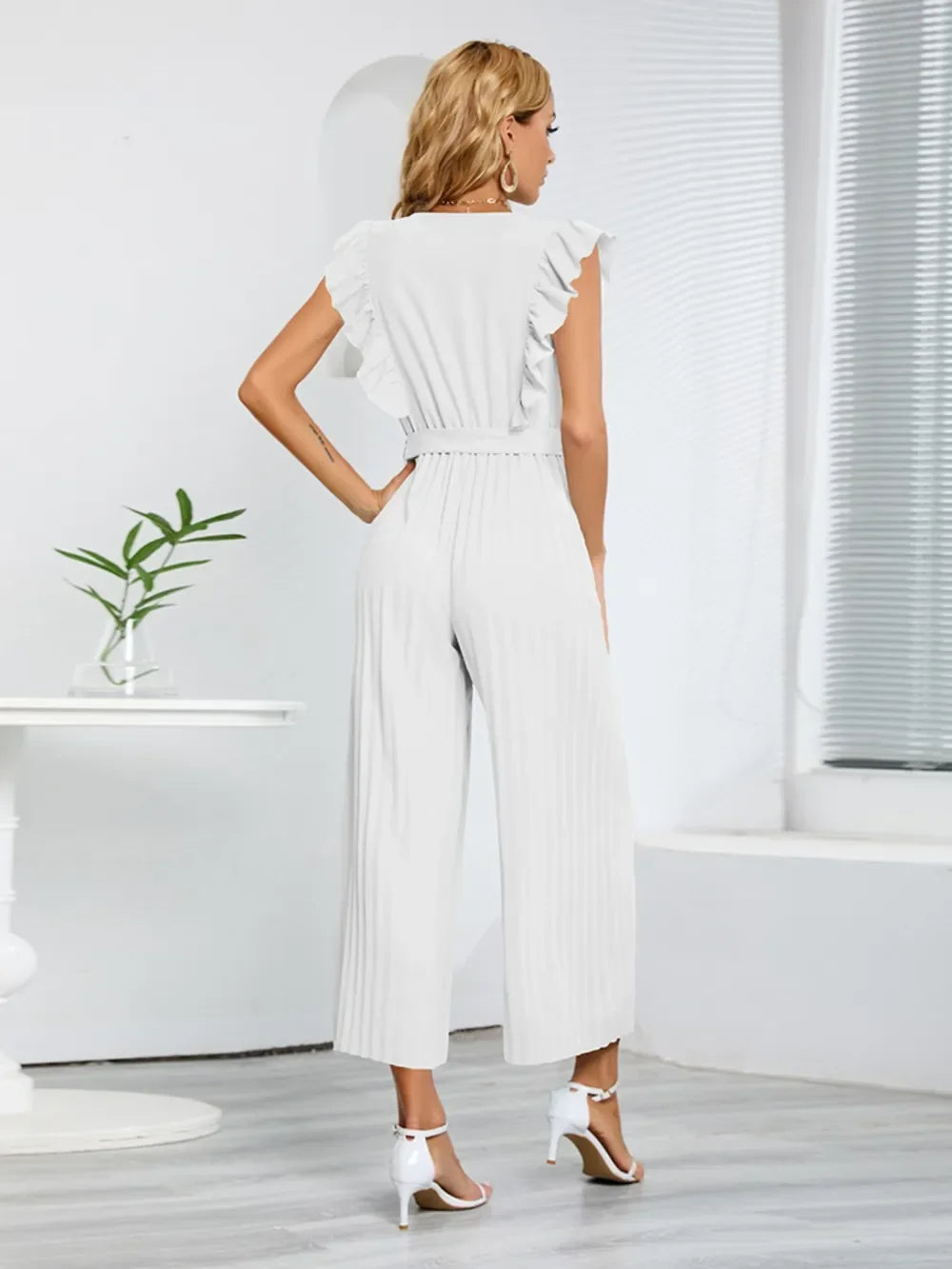 Ruffled Surplice Cap Sleeve Jumpsuit - Piña Colada
