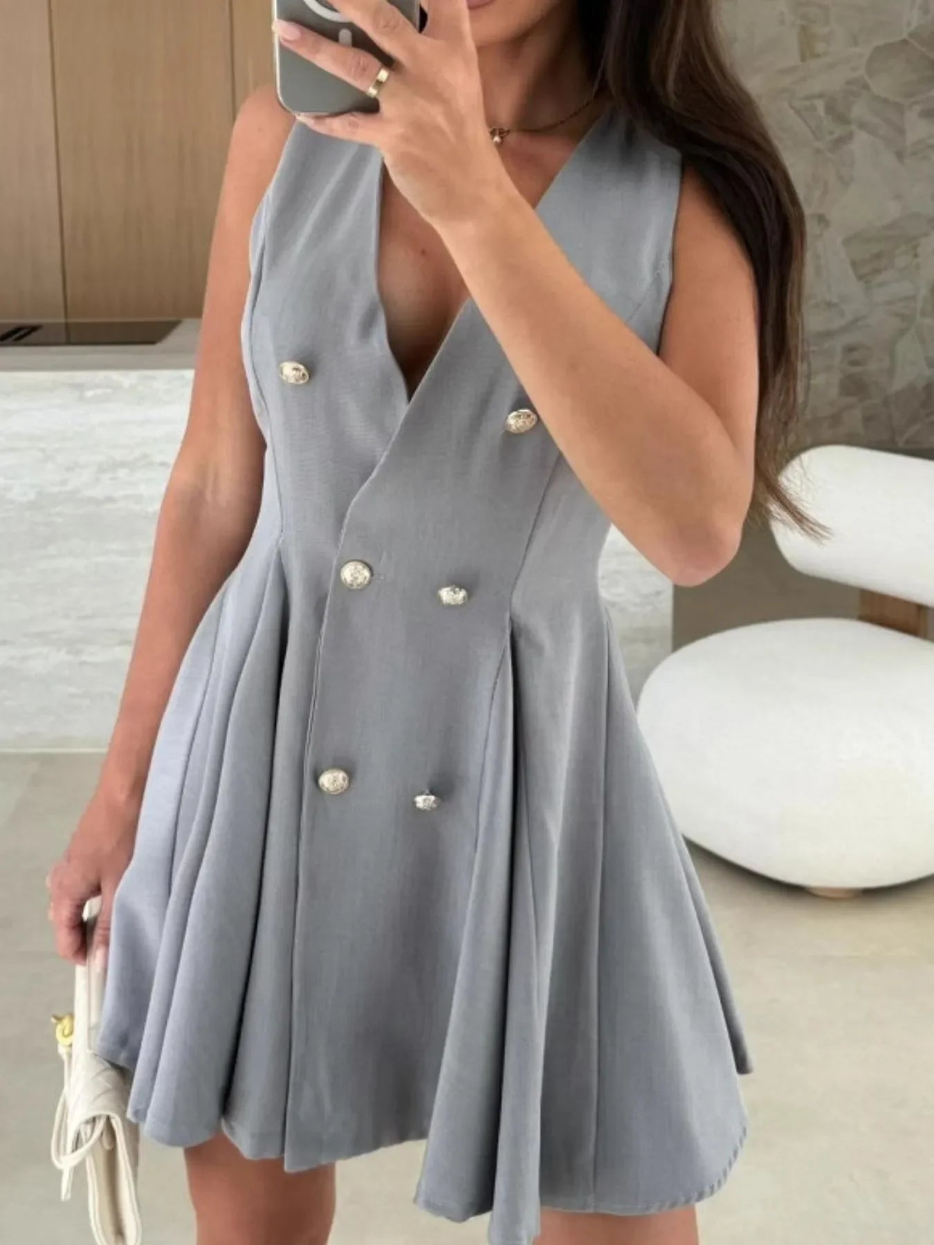 Sleeveless Double-Breasted Mini Dress - Piña Colada