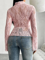 Tie Front Long Sleeve Lace Top - Piña Colada