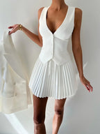 Button Up Vest and Pleated Mini Skirt Set - Piña Colada