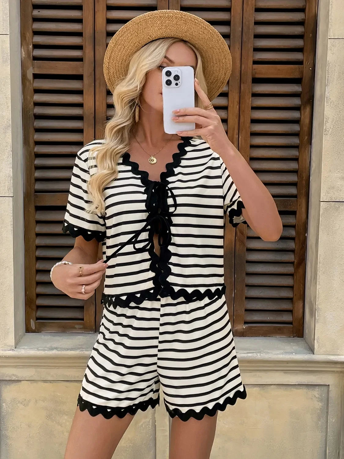 Tied Front Striped Top and Shorts Set - Piña Colada
