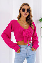 Bow V-Neck Long Sleeve Cropped Sweater - Piña Colada