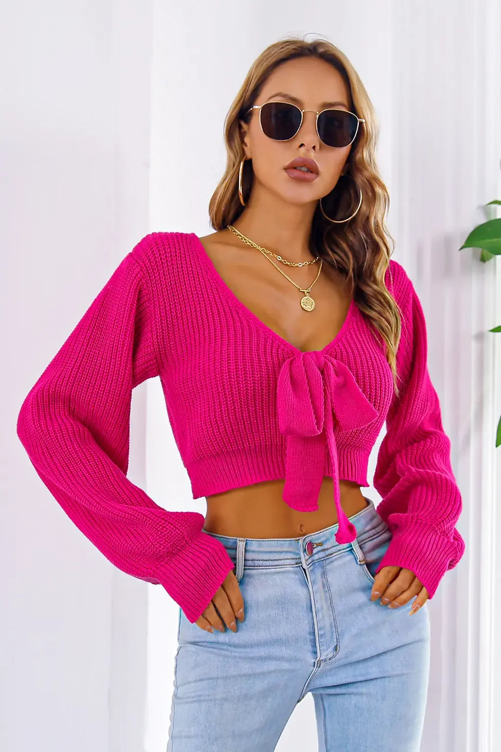 Bow V-Neck Long Sleeve Cropped Sweater - Piña Colada