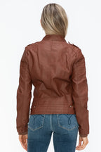 Snobbish PU Leather Biker Jacket with Side Zip Pockets - Piña Colada
