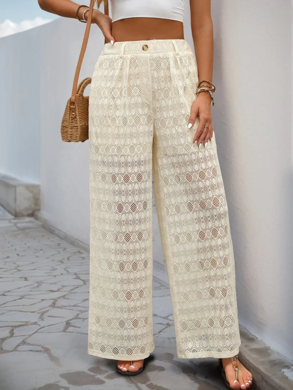 Decorative Button Wide Leg Pants - Piña Colada