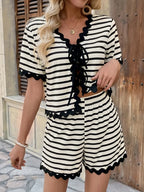 Tied Front Striped Top and Shorts Set - Piña Colada