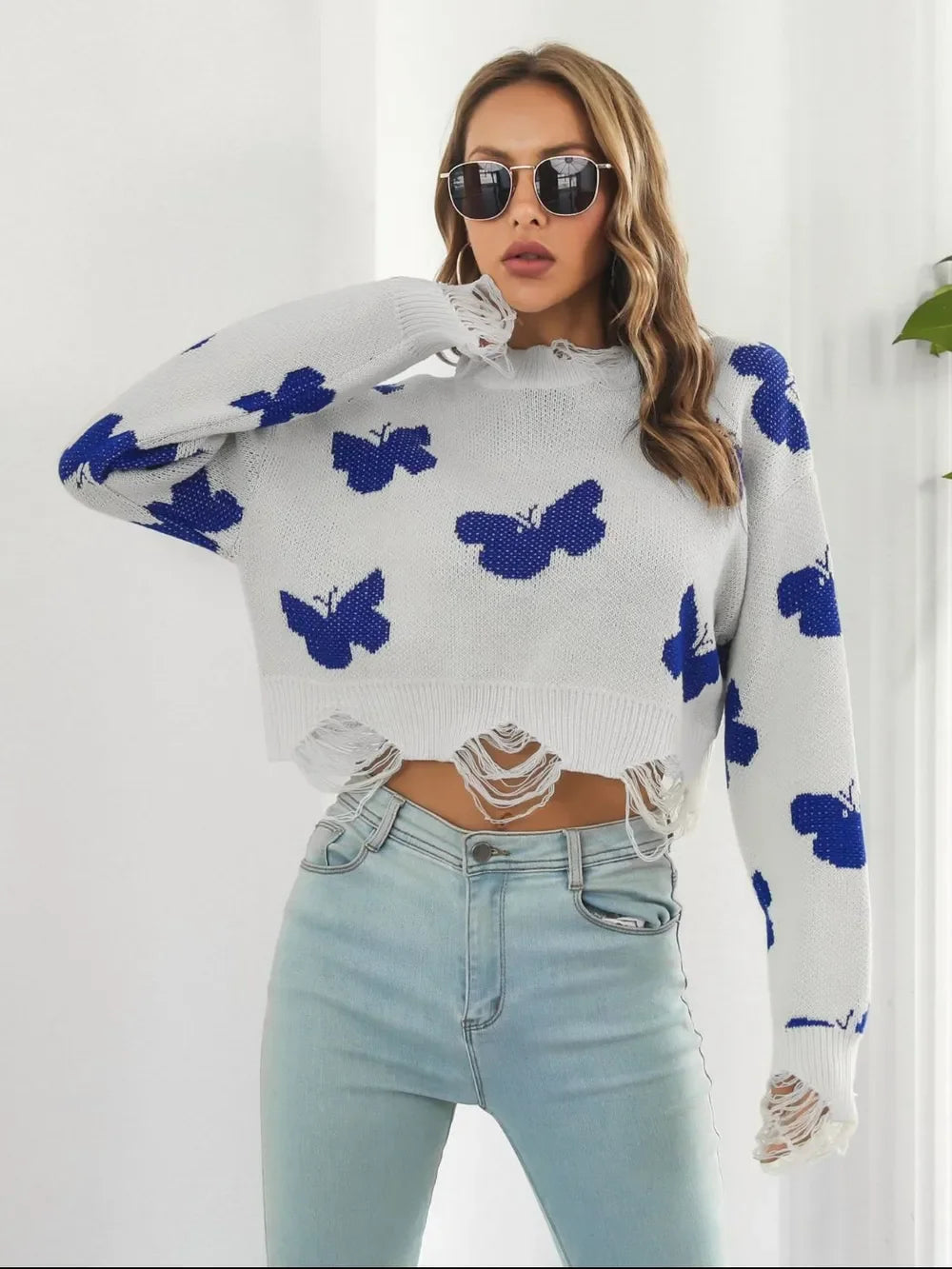 Distressed Butterfly Cropped Sweater - Piña Colada