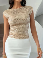 Devine Sequin Round Neck Backless T-Shirt - Piña Colada