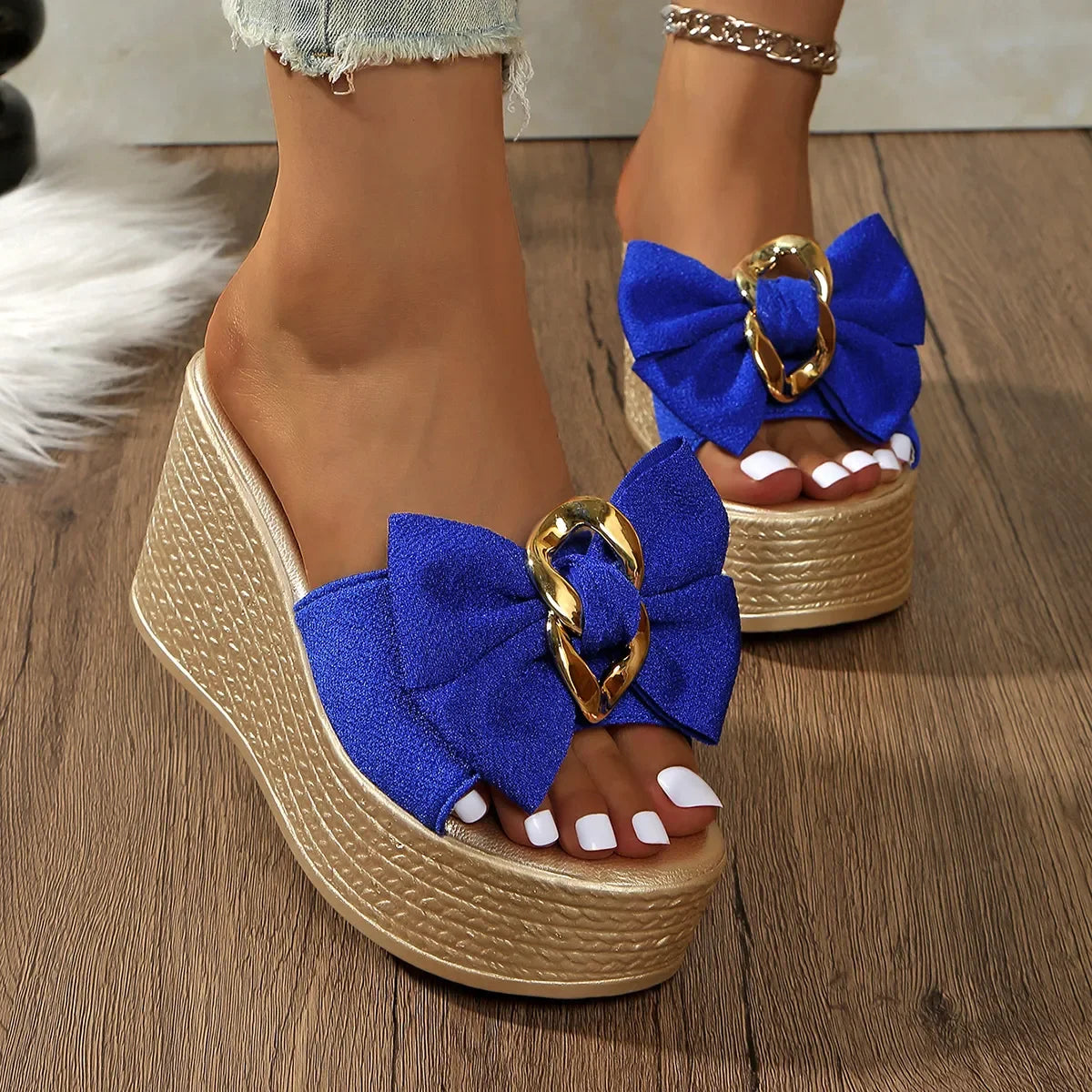 Bow Open Toe Platform Sandals - Piña Colada