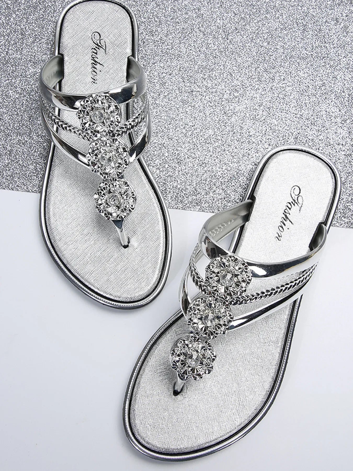 Rhinestone Toe Post Flats Sandals - Piña Colada