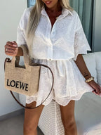 Eyelet Lace Button-Up Romper - Piña Colada