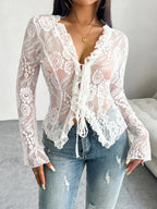 Tie Front Long Sleeve Lace Top - Piña Colada
