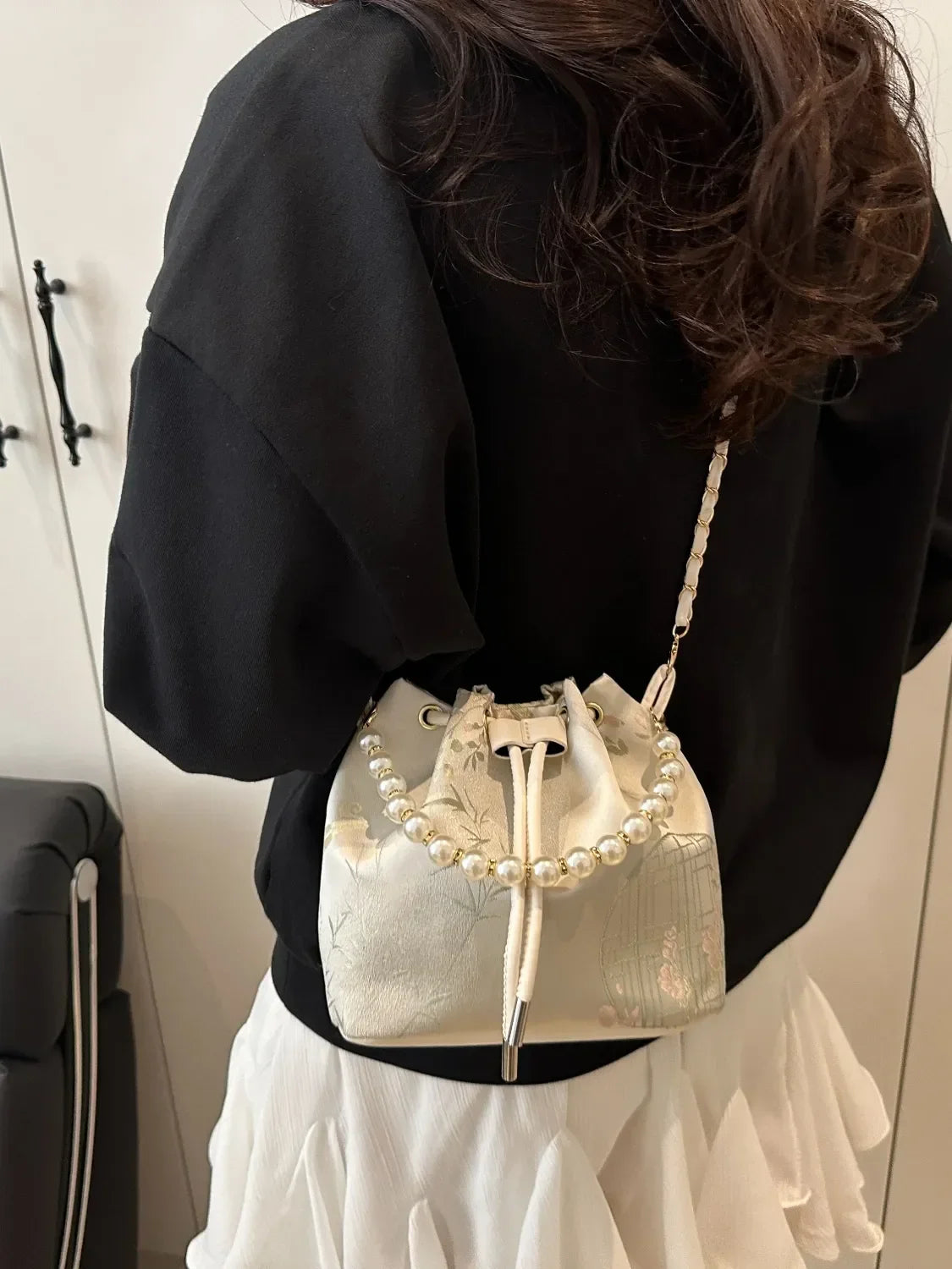 Drawstring Pearl Bucket Bag - Piña Colada