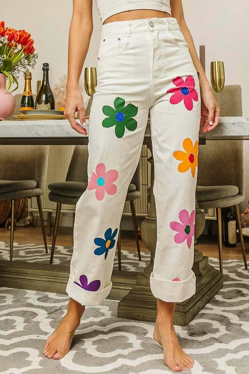 BiBi Flower Print Straight Legs Pants - Piña Colada