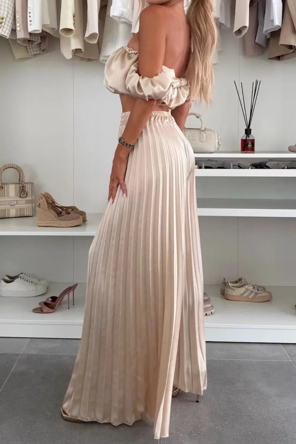 Off-Shoulder Top and Pleated Pants Set - Piña Colada