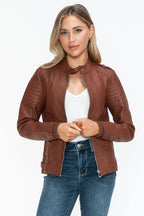 Snobbish PU Leather Biker Jacket with Side Zip Pockets - Piña Colada