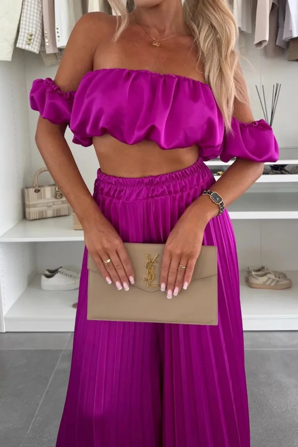 Off-Shoulder Top and Pleated Pants Set - Piña Colada