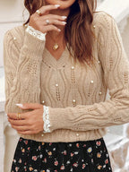 Pearl Beaded Pointelle Knit V Neck Lace Patchwork Sleeve Sweater - Piña Colada