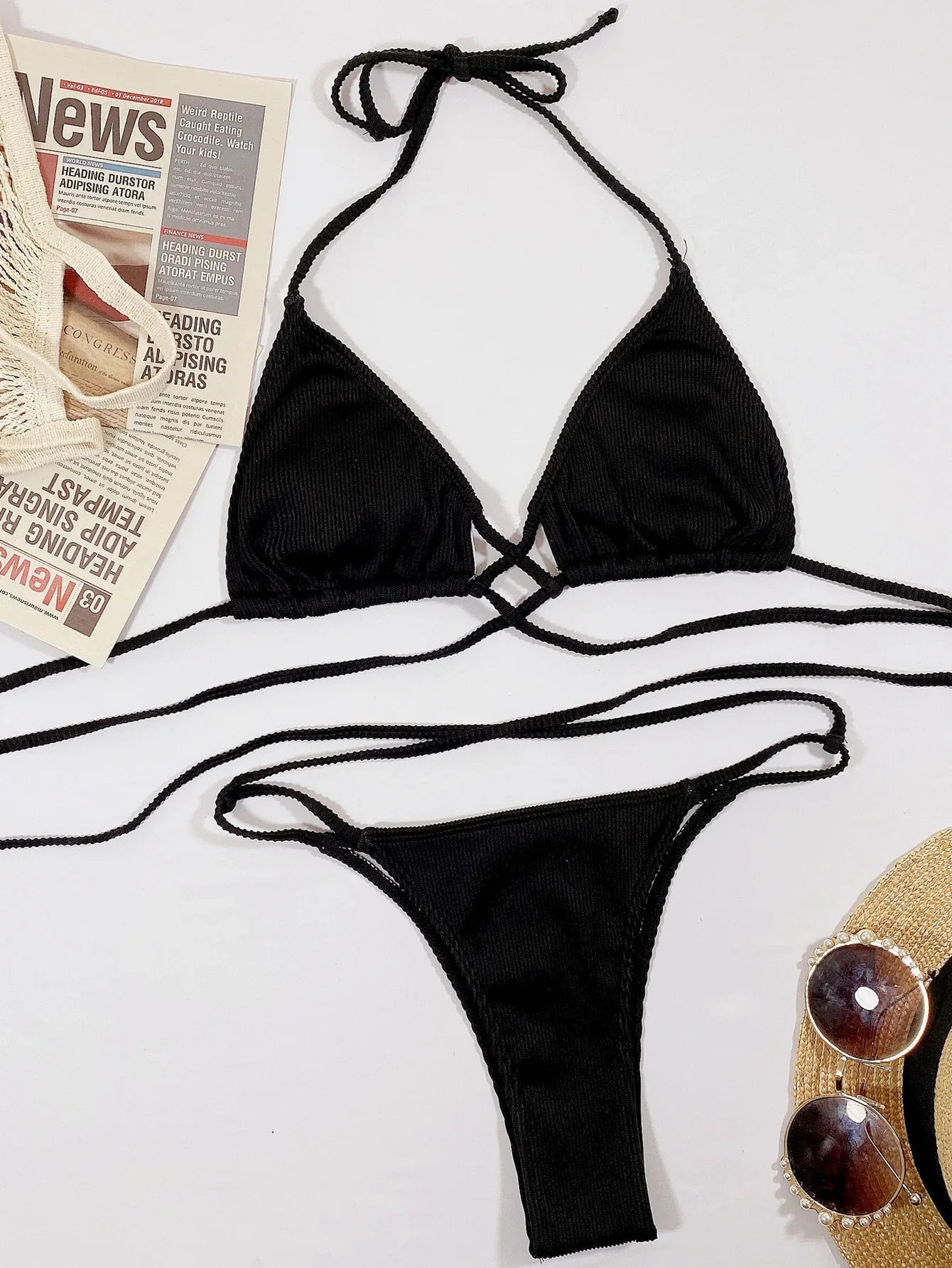 Halter Neck Crisscross Ribbed Bikini Set - Piña Colada