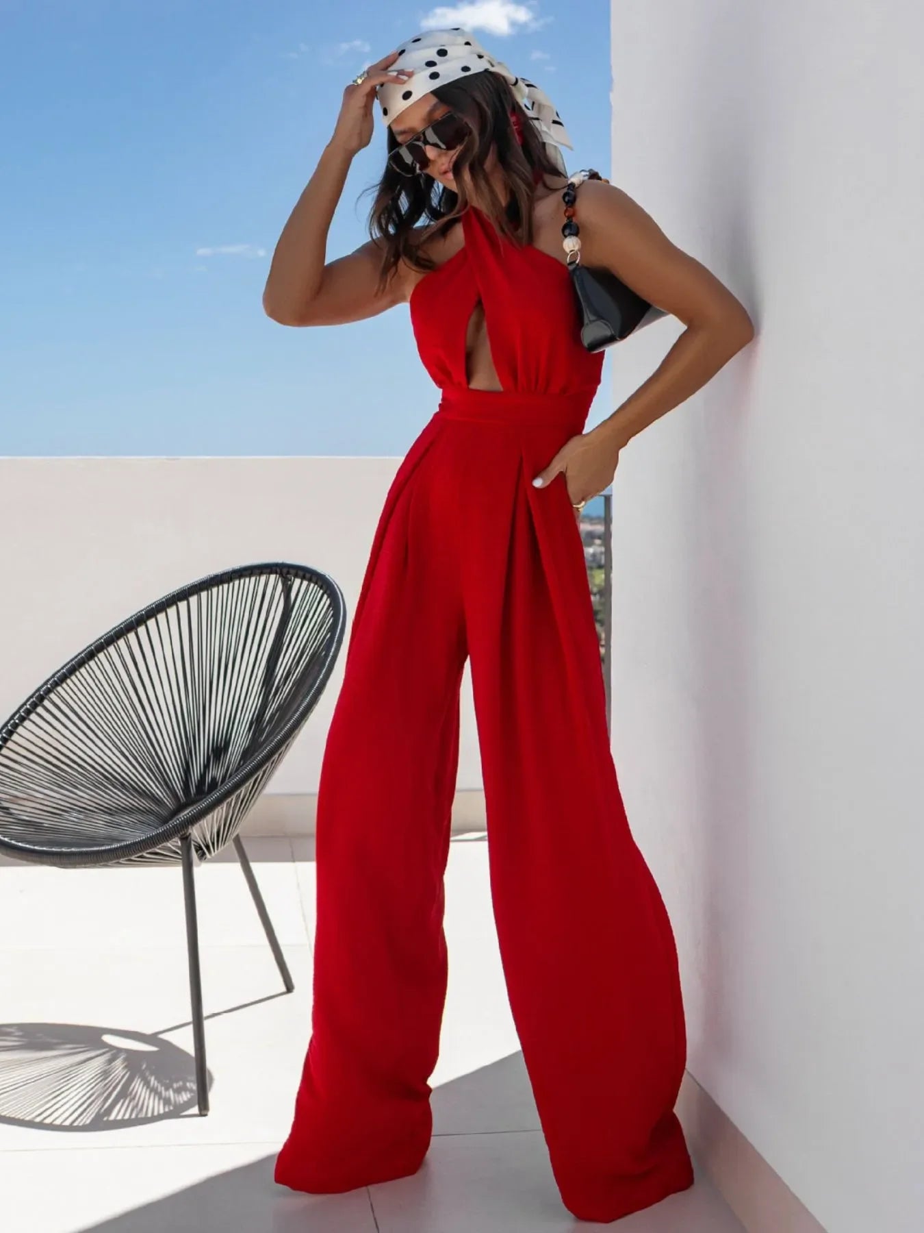 Wide Leg Cutout Halter Neck Jumpsuit - Piña Colada