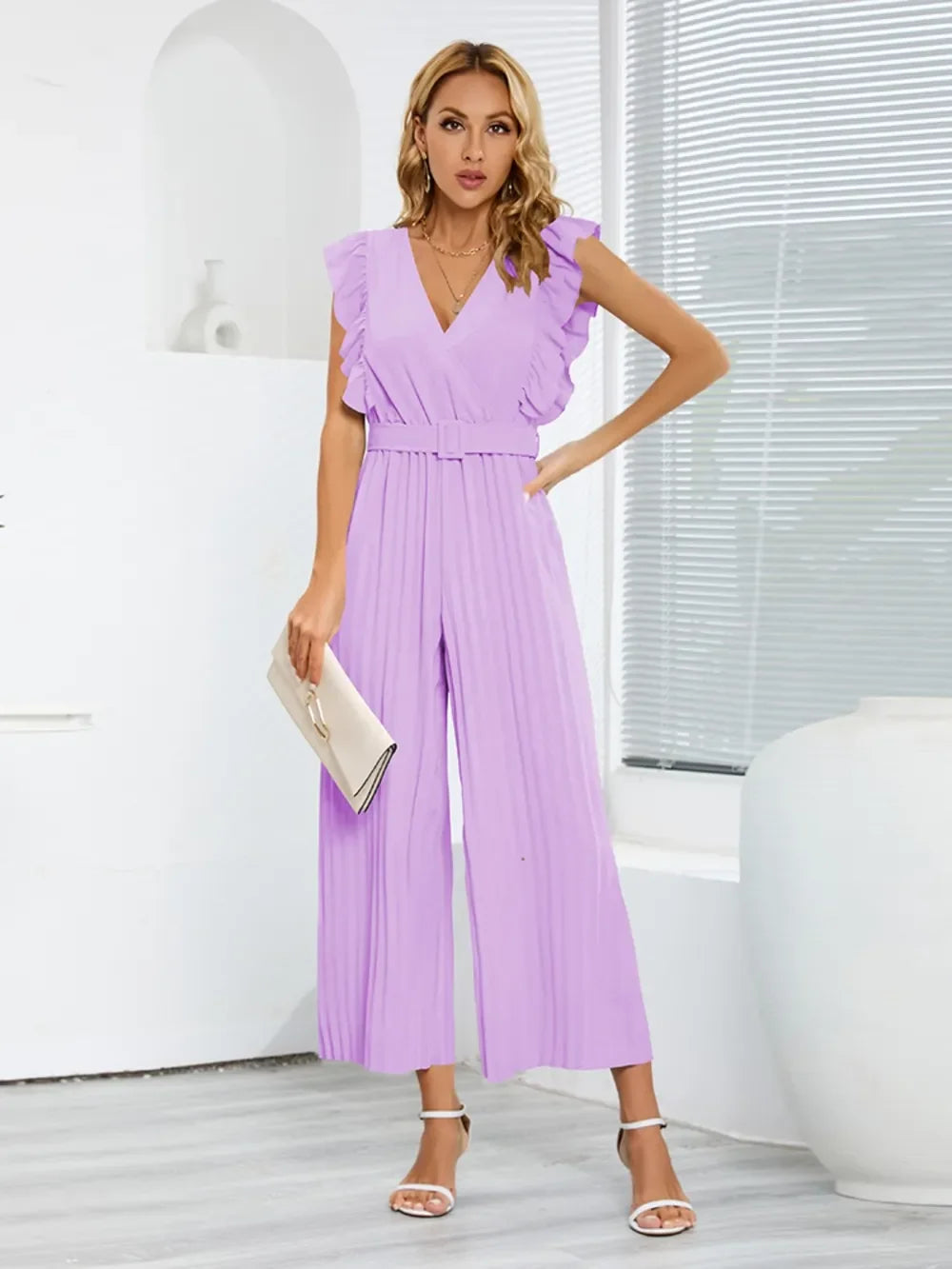 Ruffled Surplice Cap Sleeve Jumpsuit - Piña Colada