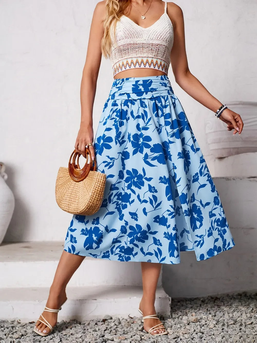Slit Printed Midi Skirt - Piña Colada