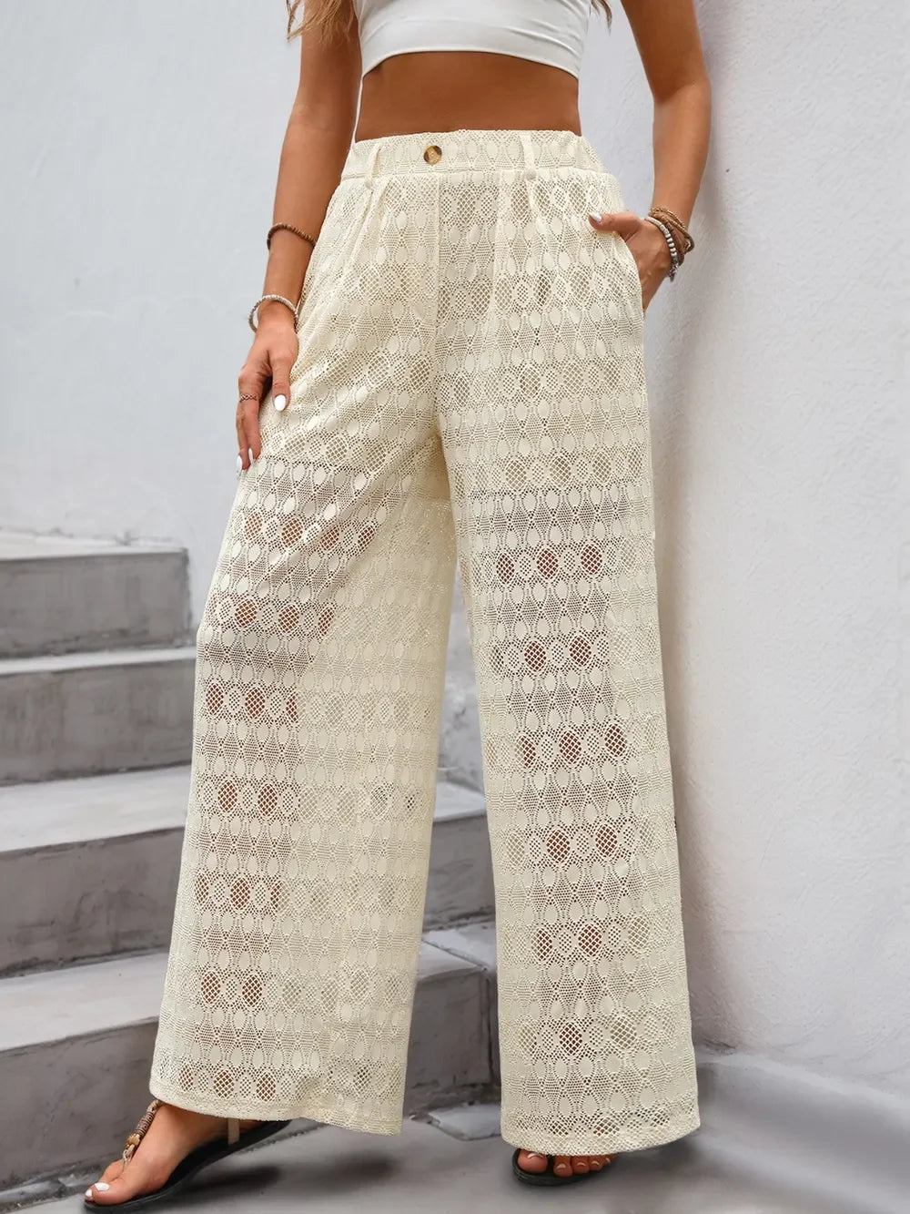 Decorative Button Wide Leg Pants - Piña Colada