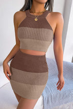 Color Block Sleeveless Crop Knit Top and Skirt Set - Piña Colada