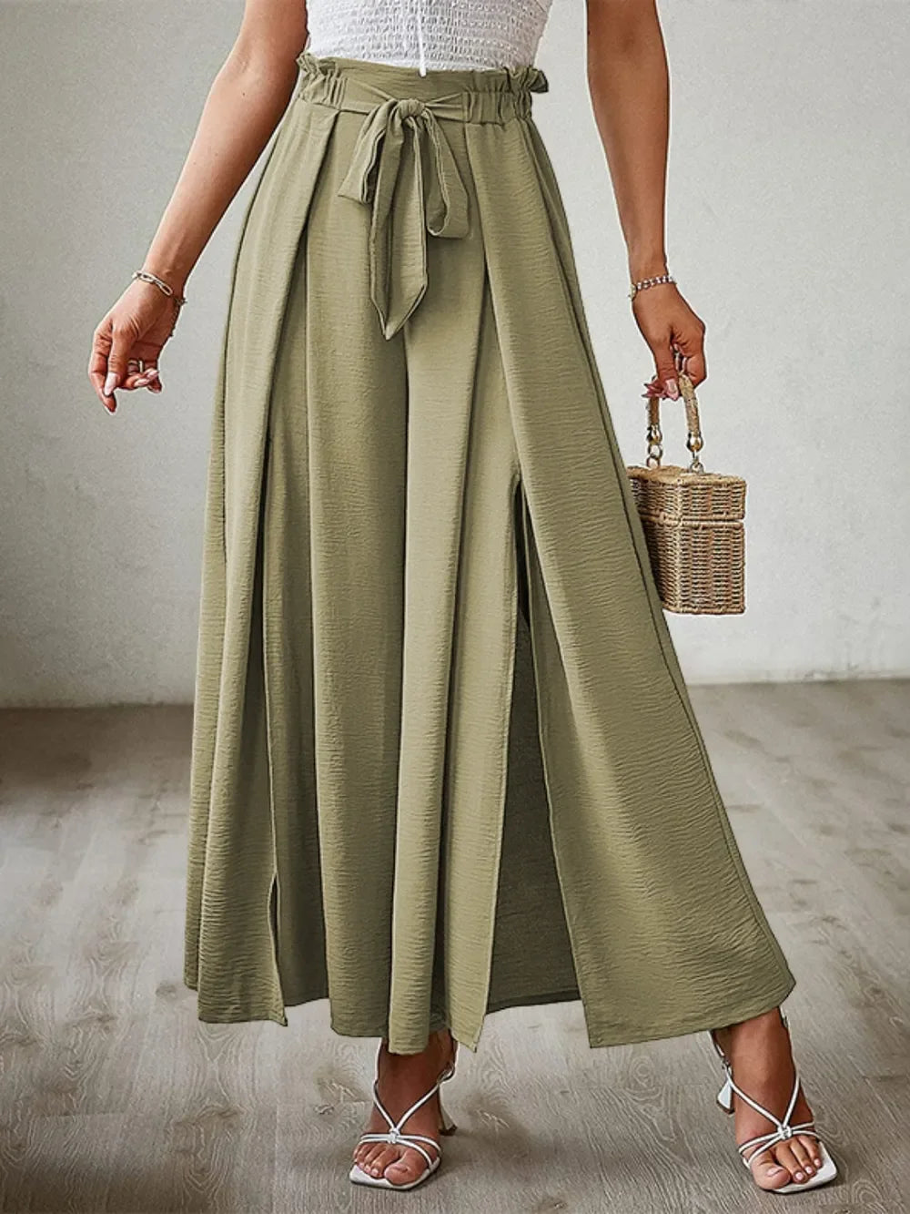 Tied Slit Wide Leg Pants - Piña Colada