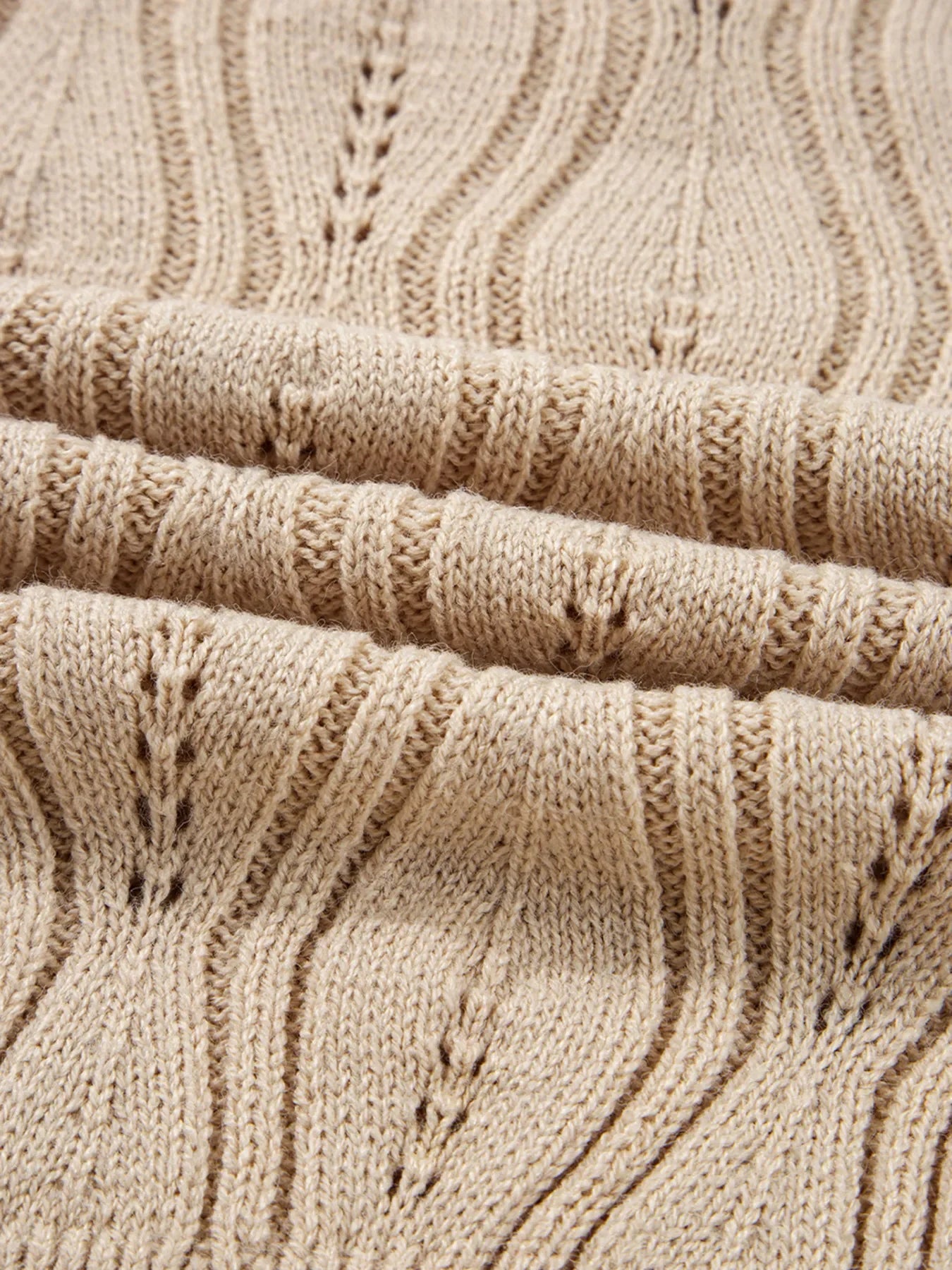 Pearl Beaded Pointelle Knit V Neck Lace Patchwork Sleeve Sweater - Piña Colada