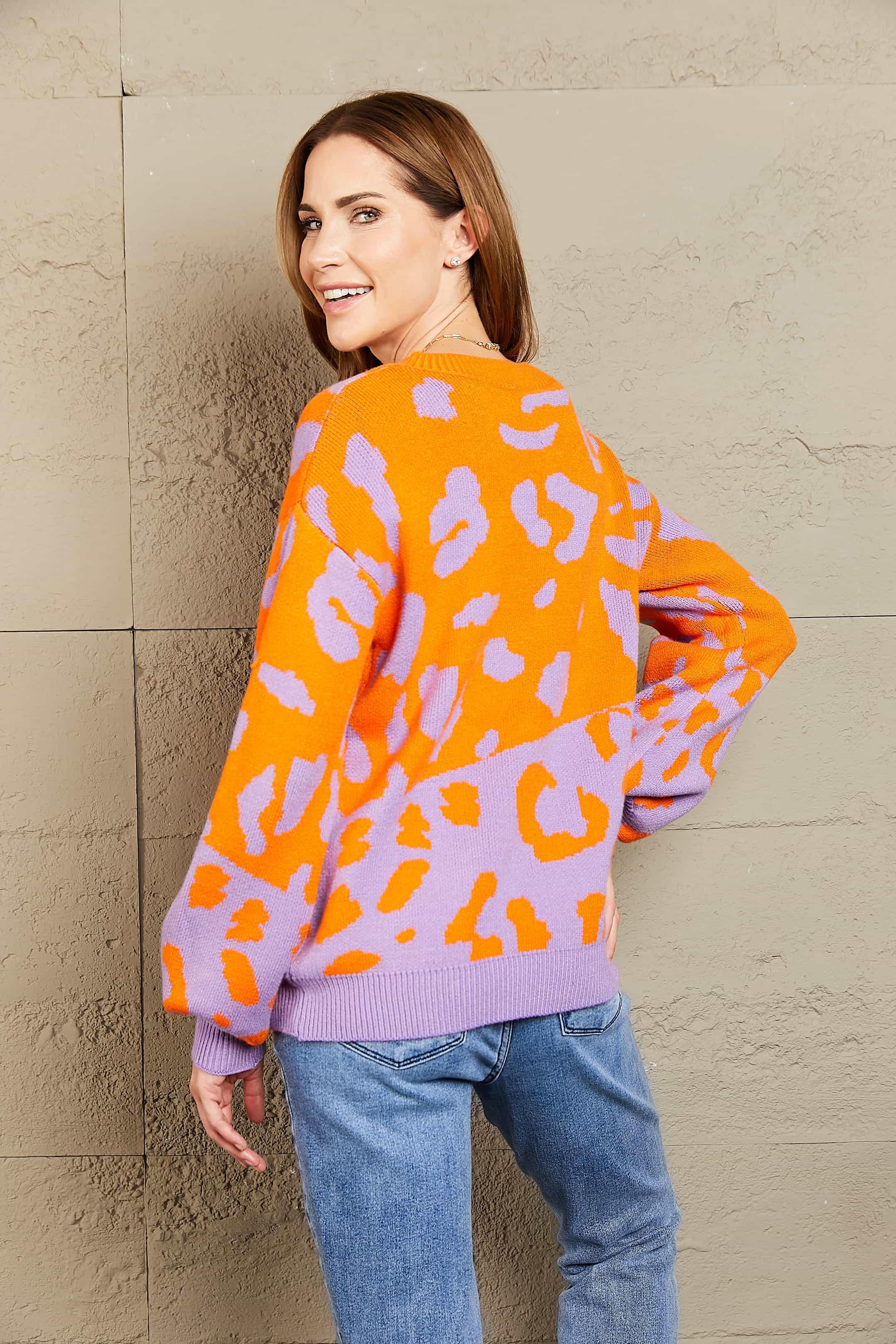 Angel Wings Woven Right Leopard Round Neck Dropped Shoulder Sweater - Piña Colada