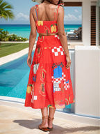 Twisted Printed Spaghetti Strap Top and Skirt Set - Piña Colada