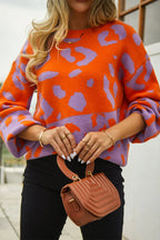 Angel Wings Woven Right Leopard Round Neck Dropped Shoulder Sweater - Piña Colada