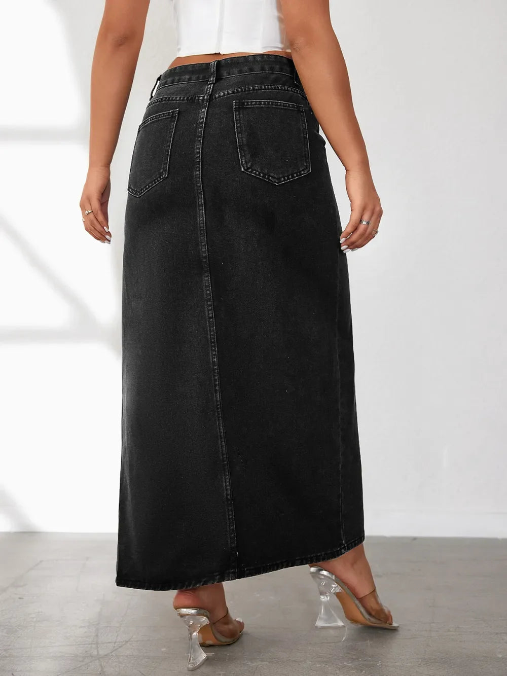 High Rise Slit Denim Skirt - Piña Colada