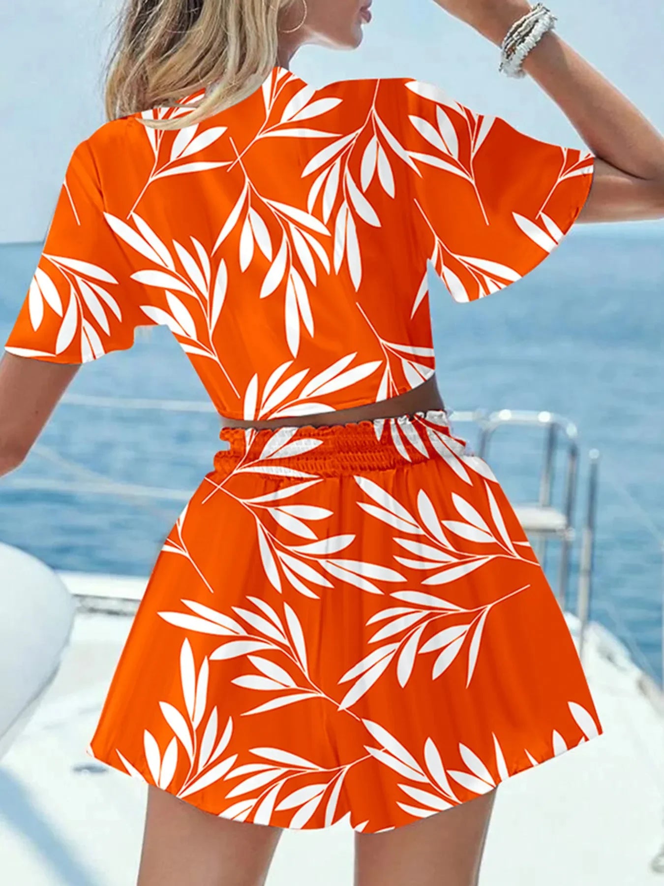 Printed Tie Front Top and Shorts Set - Piña Colada