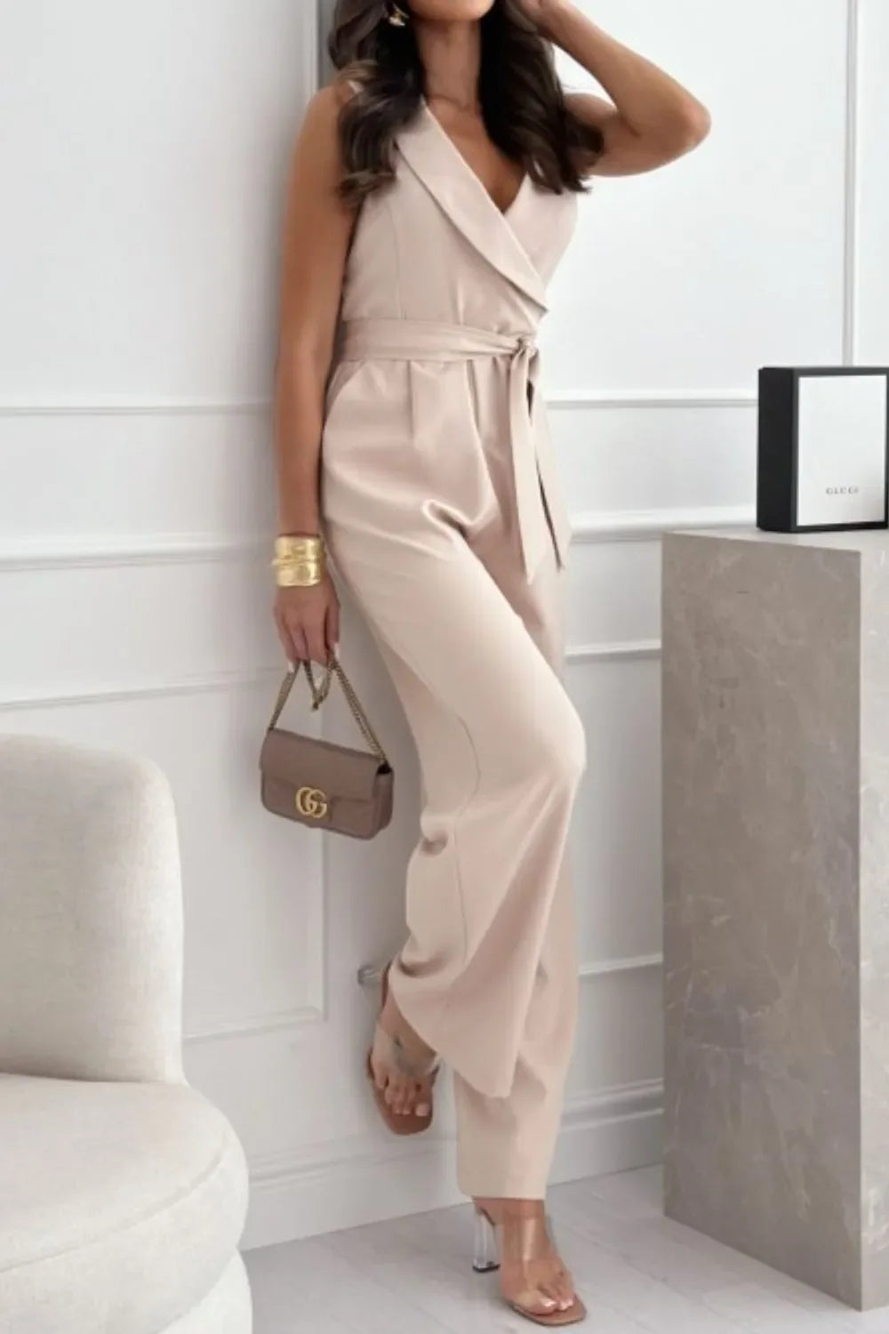 Surplice Sleeveless Wide Leg Jumpsuit - Piña Colada