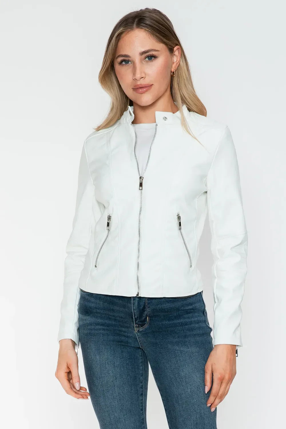 Snobbish PU Leather Zip Up Jacket with Pockets - Piña Colada